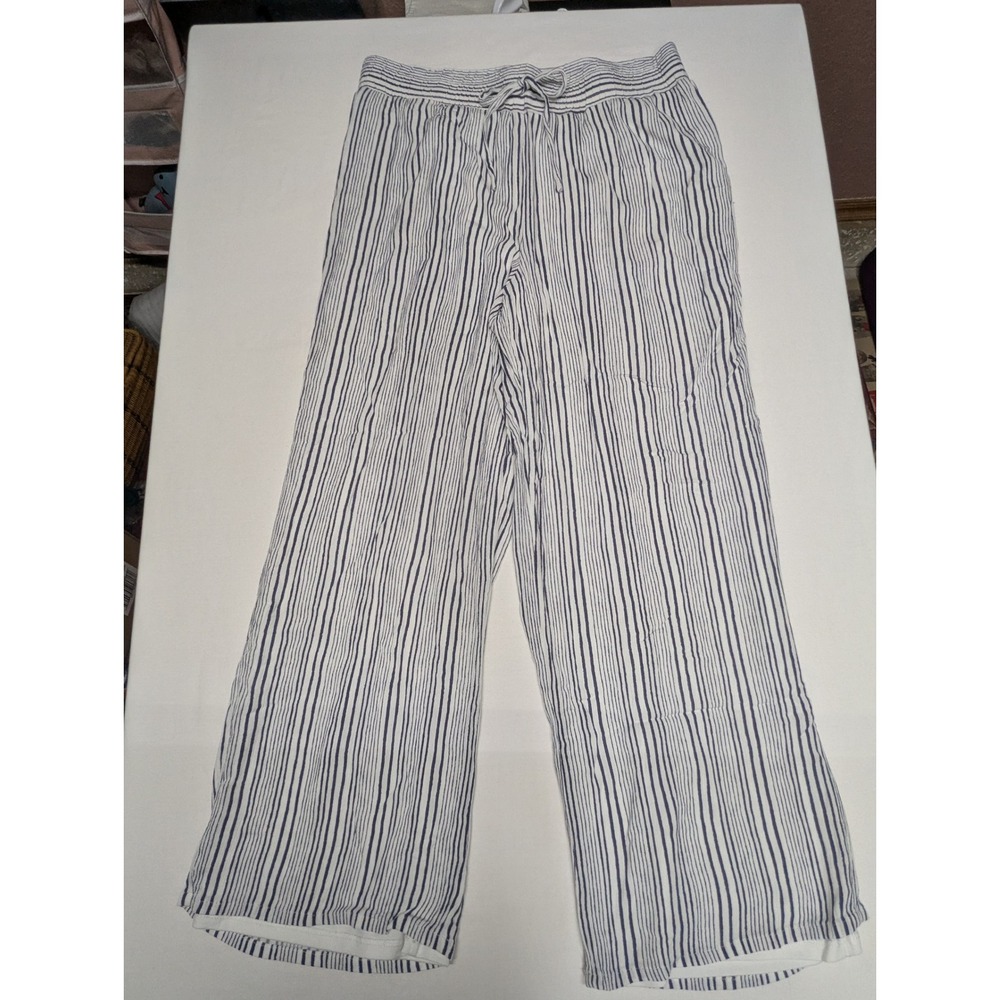 AB Studio Womens Navy White Striped Wide Leg Smocked Waist Pants Size M